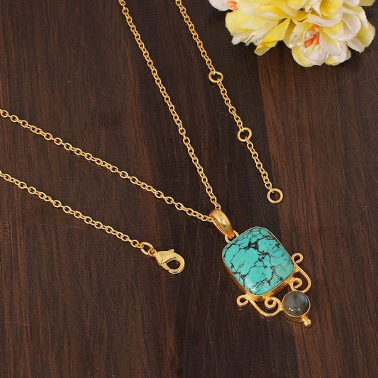 Natural Tibetan Turquoise & Labradorite Gemstone Brass Necklace