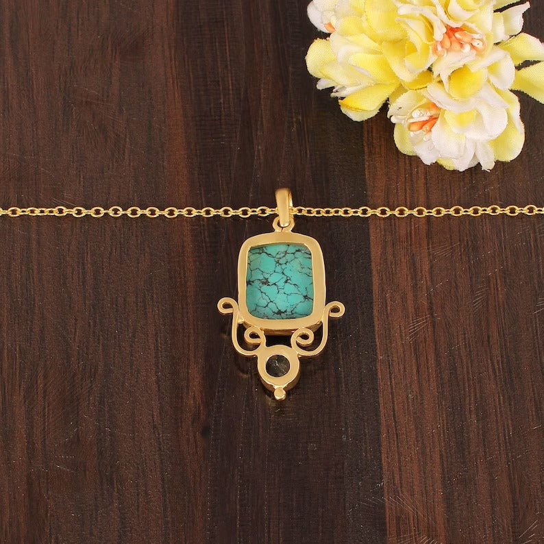 Natural Tibetan Turquoise & Labradorite Gemstone Brass Necklace