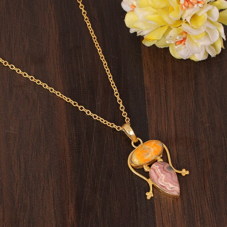 Natural Rhodochrosite & Bumble Bee Jasper Gemstone Gold Plated Brass Necklace