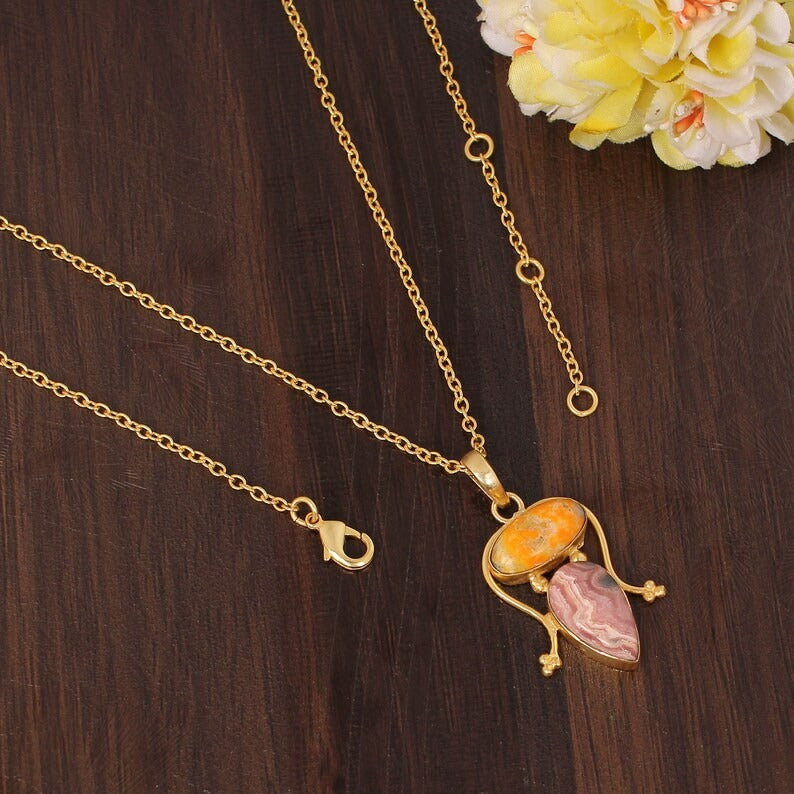 Natural Rhodochrosite & Bumble Bee Jasper Gemstone Gold Plated Brass Necklace