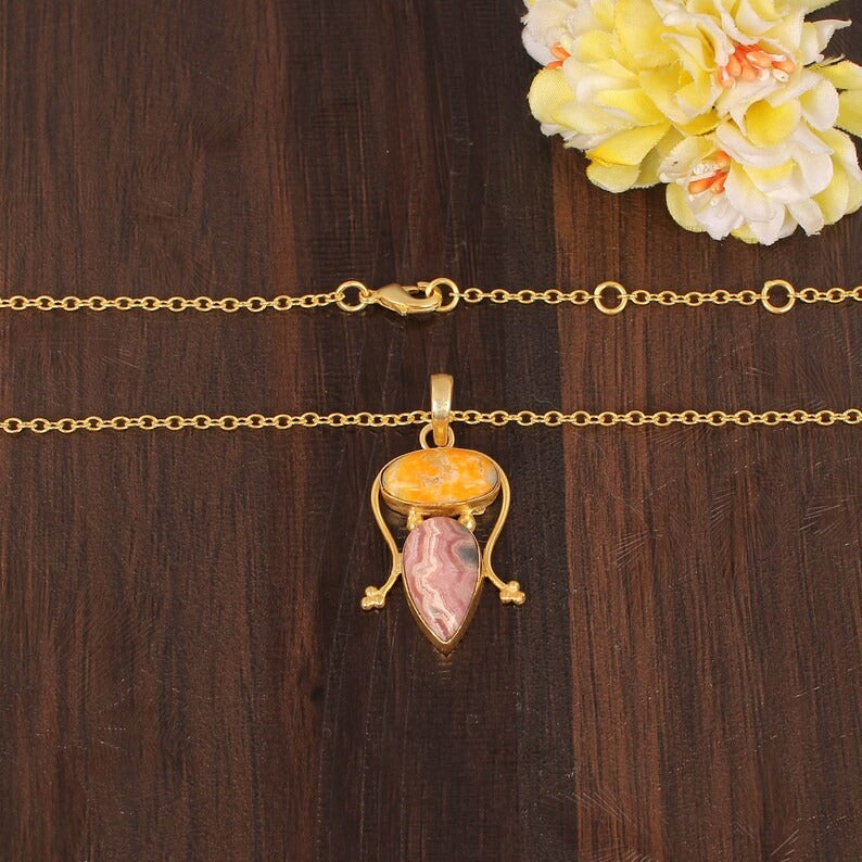 Natural Rhodochrosite & Bumble Bee Jasper Gemstone Gold Plated Brass Necklace