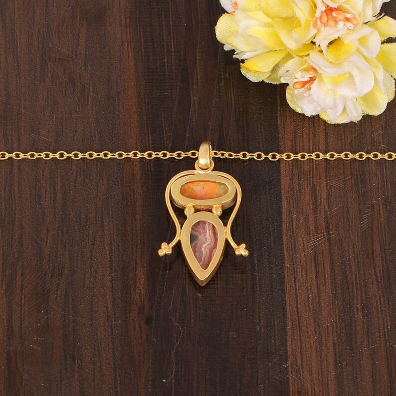 Natural Rhodochrosite & Bumble Bee Jasper Gemstone Gold Plated Brass Necklace