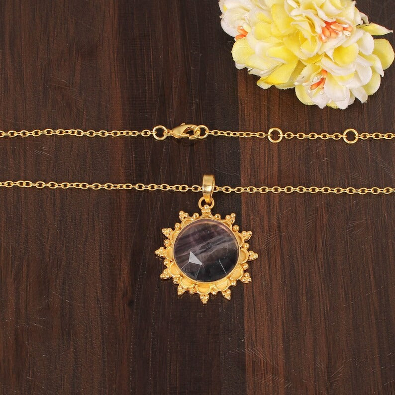 Natural Fluorite Gemstone Gold Plated Brass Necklace