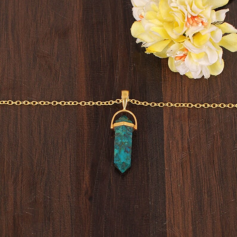 Natural Chrysocolla Gemstone Gold Plated Brass Necklace