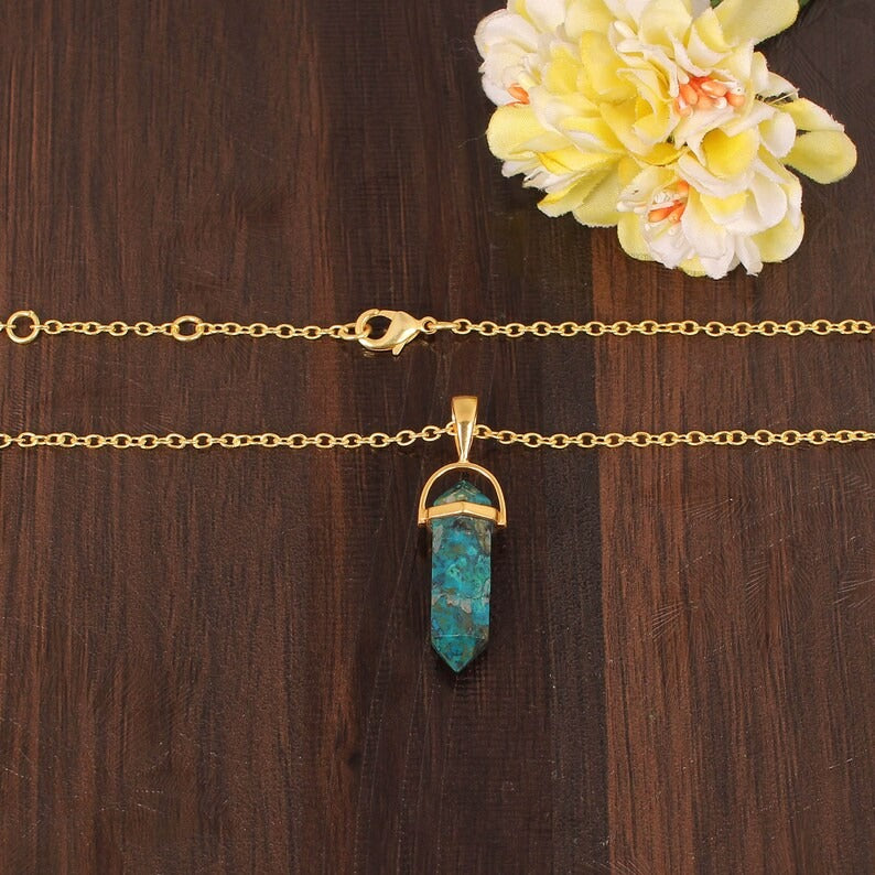 Natural Chrysocolla Gemstone Gold Plated Brass Necklace