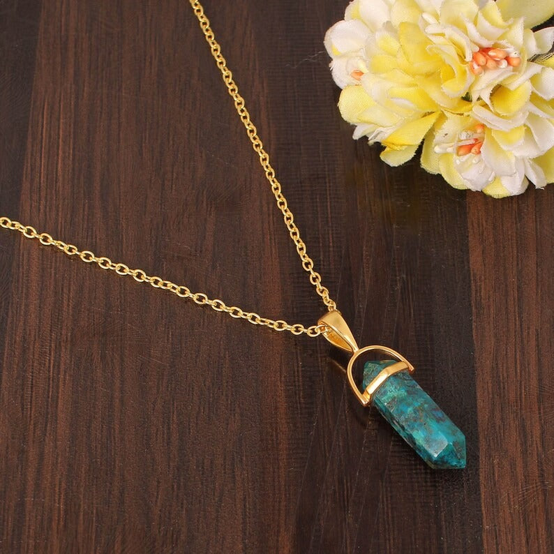 Natural Chrysocolla Gemstone Gold Plated Brass Necklace