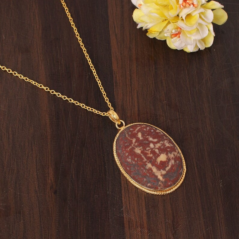 Red Ocean Jasper Gemstone Gold Plated Brass Necklace