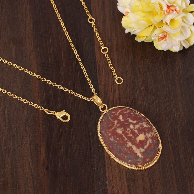 Red Ocean Jasper Gemstone Gold Plated Brass Necklace