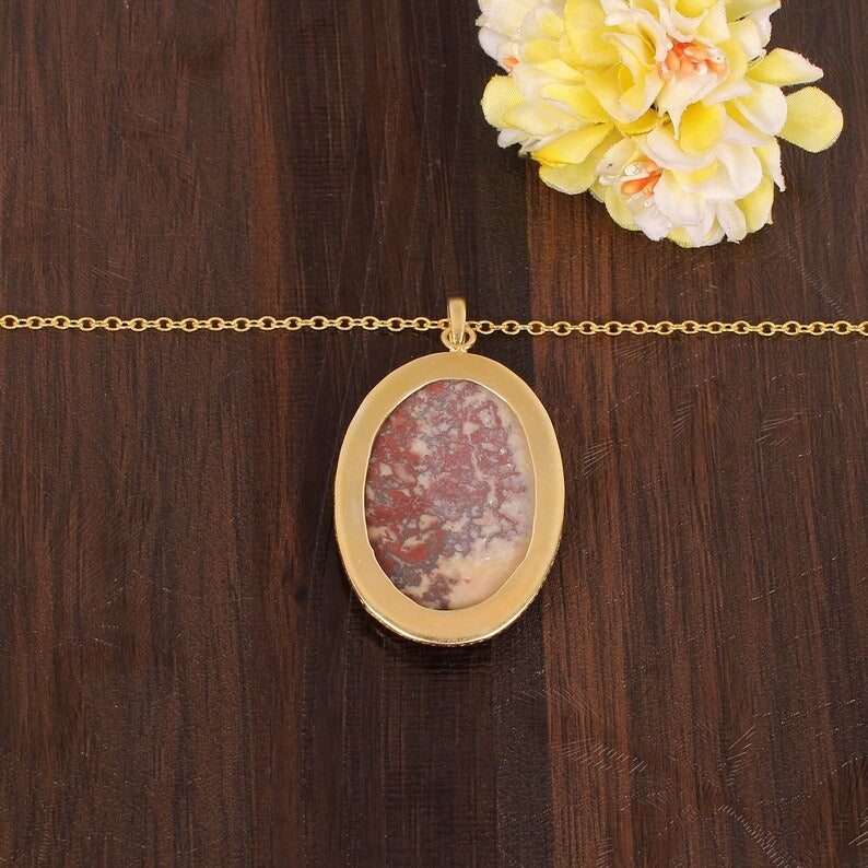 Red Ocean Jasper Gemstone Gold Plated Brass Necklace