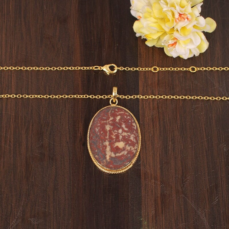 Red Ocean Jasper Gemstone Gold Plated Brass Necklace