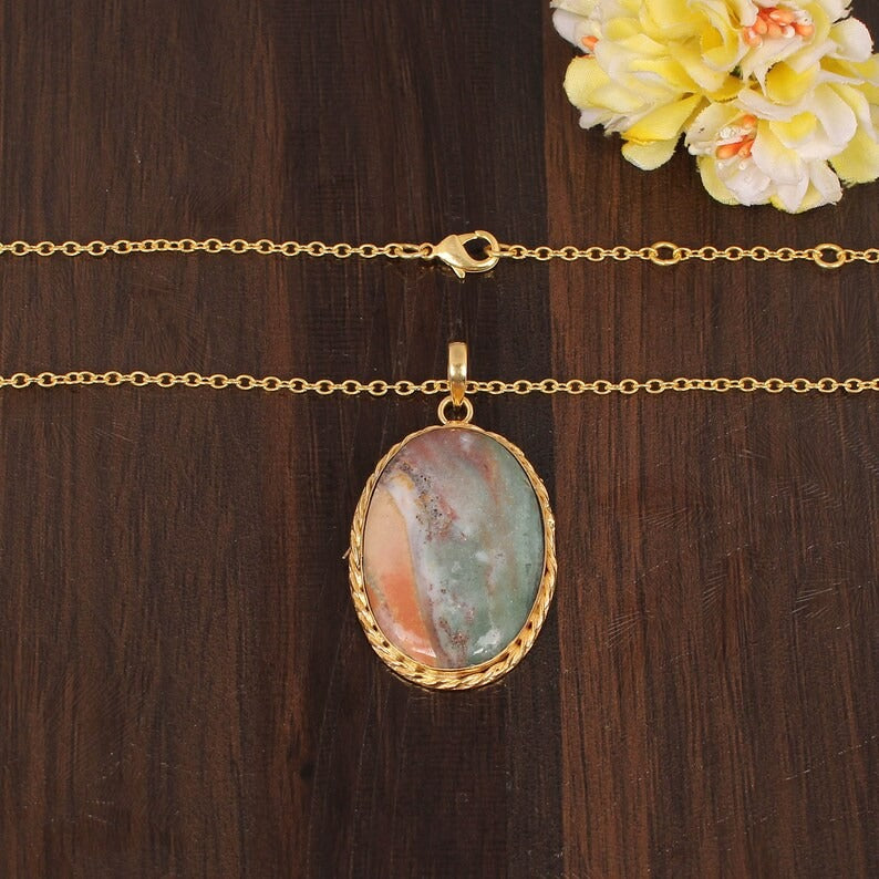 Natural Ocean Jasper Gemstone Gold Plated Brass Necklace