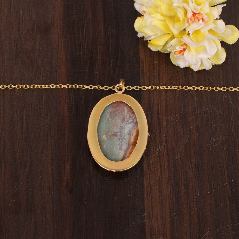 Natural Ocean Jasper Gemstone Gold Plated Brass Necklace