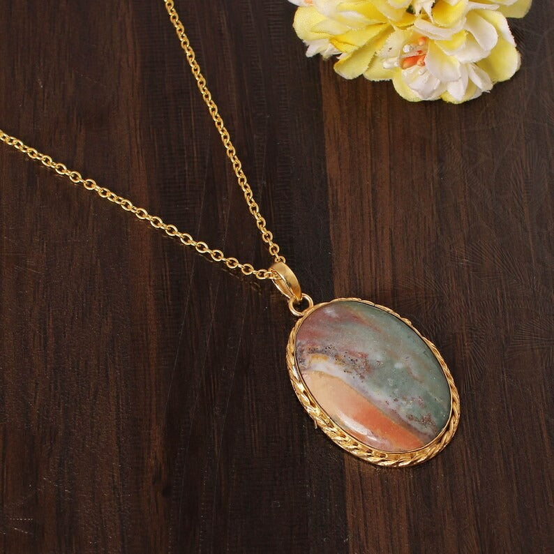 Natural Ocean Jasper Gemstone Gold Plated Brass Necklace