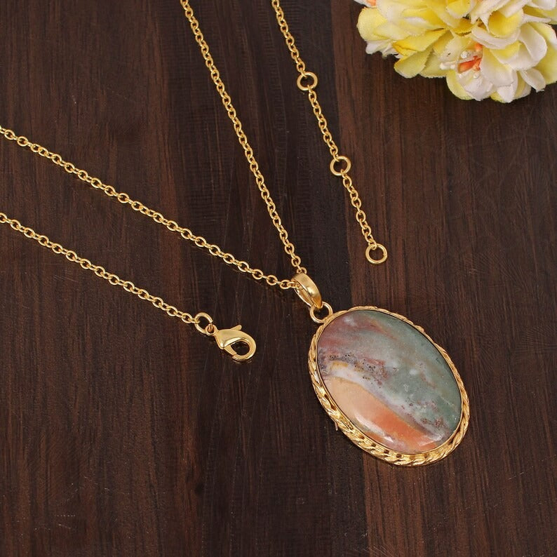 Natural Ocean Jasper Gemstone Gold Plated Brass Necklace