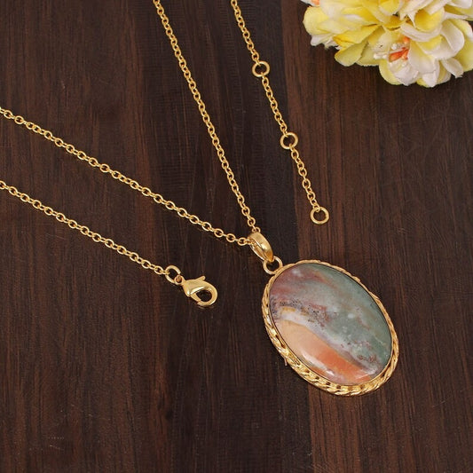 Natural Ocean Jasper Gemstone Gold Plated Brass Necklace