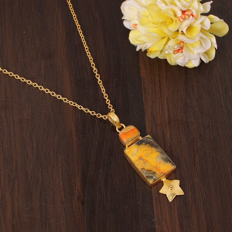 Natural Blumble Bee Jasper Gemstone Gold Plated Brass Necklace