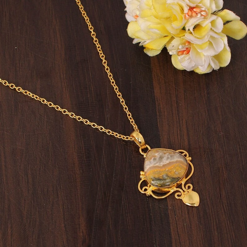 Natural Bumble Bee Jasper Gemstone Gold Plated Brass Necklace