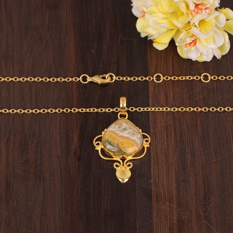 Natural Bumble Bee Jasper Gemstone Gold Plated Brass Necklace