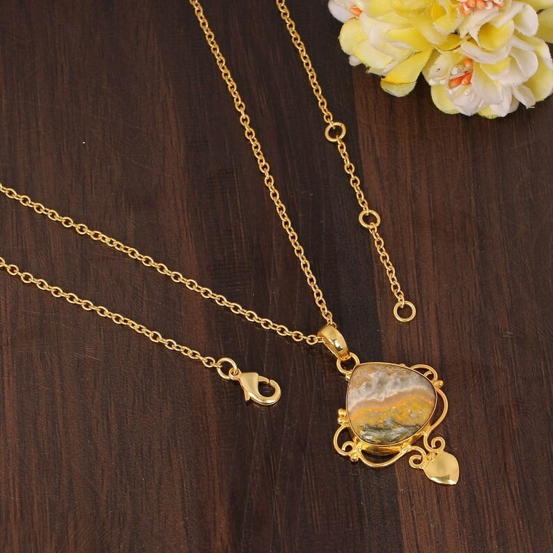 Natural Bumble Bee Jasper Gemstone Gold Plated Brass Necklace