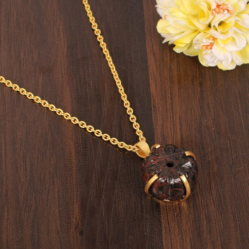 Natural Mahogany Obsidian Gemstone Gold Plated Brass Necklace