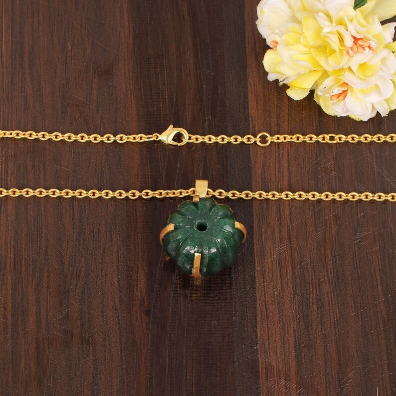 Natural Mika Aventurine Pumpkin Shape Gemstone Brass Necklace