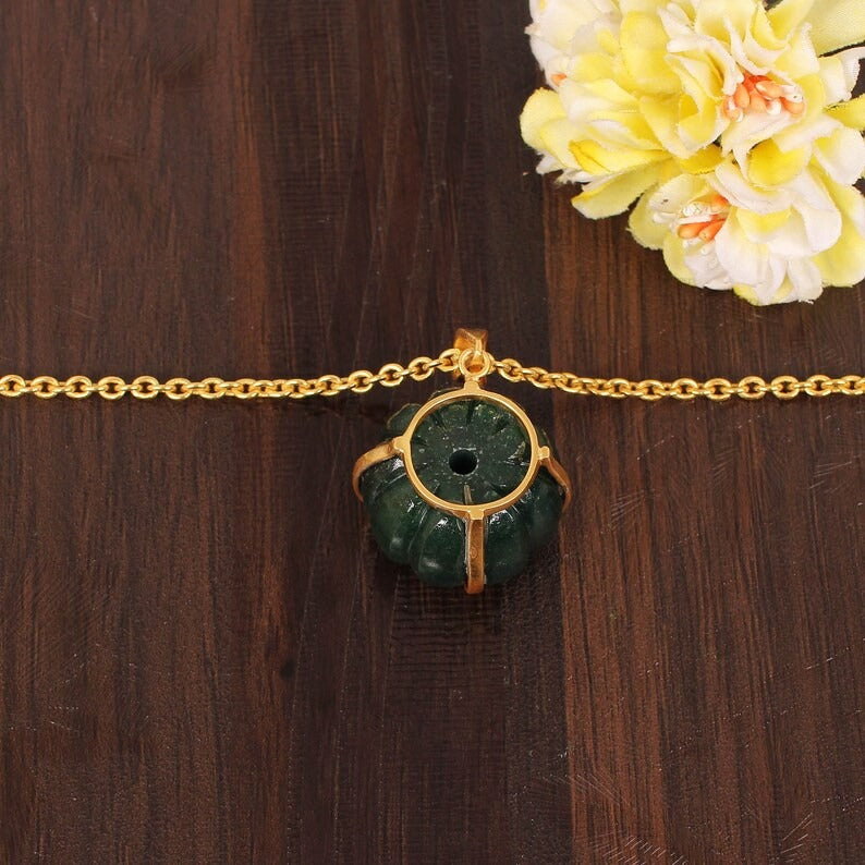 Natural Mika Aventurine Pumpkin Shape Gemstone Brass Necklace