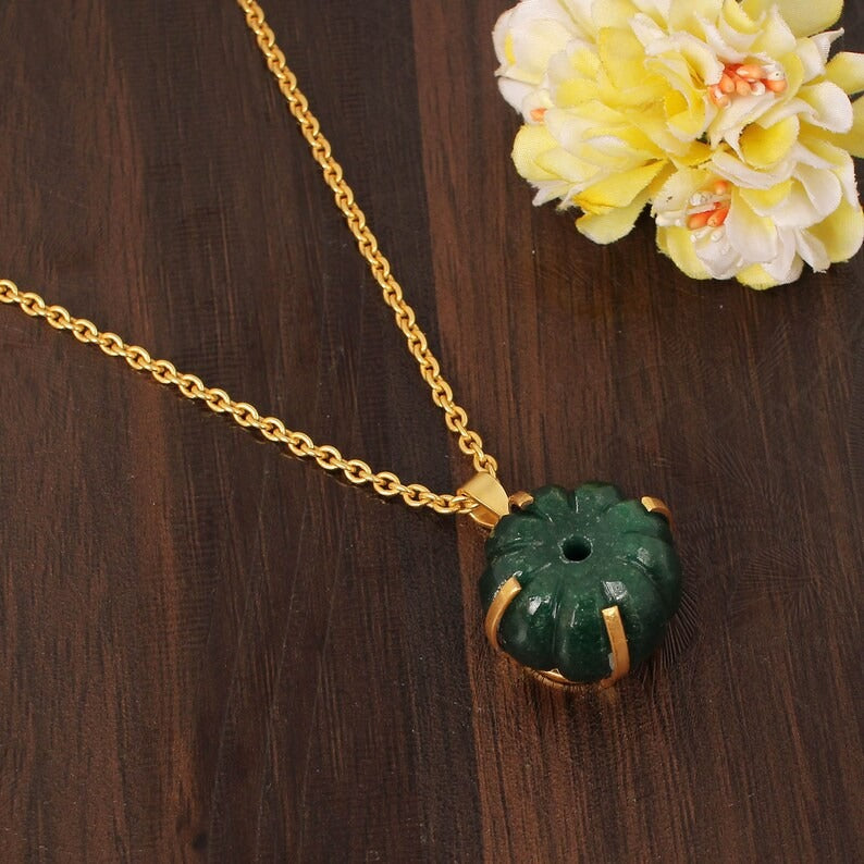 Natural Mika Aventurine Pumpkin Shape Gemstone Brass Necklace