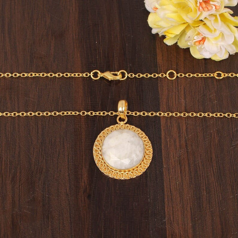 Natural Rainbow Moonstone Gemstone Gold Plated Brass Necklace