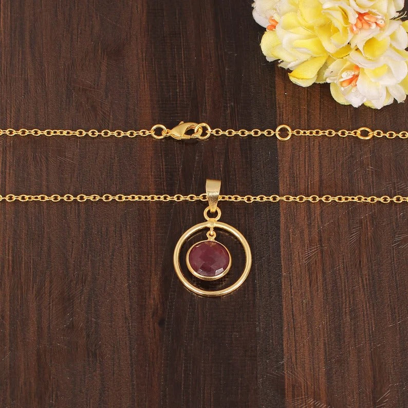 Natural Ruby Corundum Gemstone Gold Plated Brass Necklace