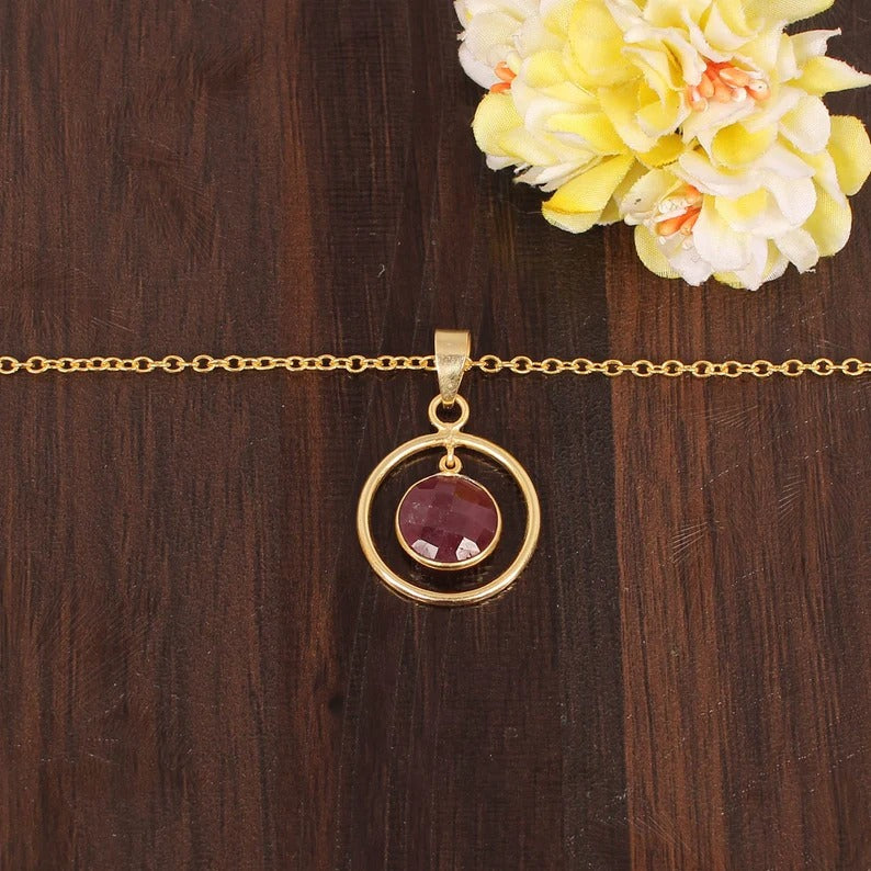 Natural Ruby Corundum Gemstone Gold Plated Brass Necklace