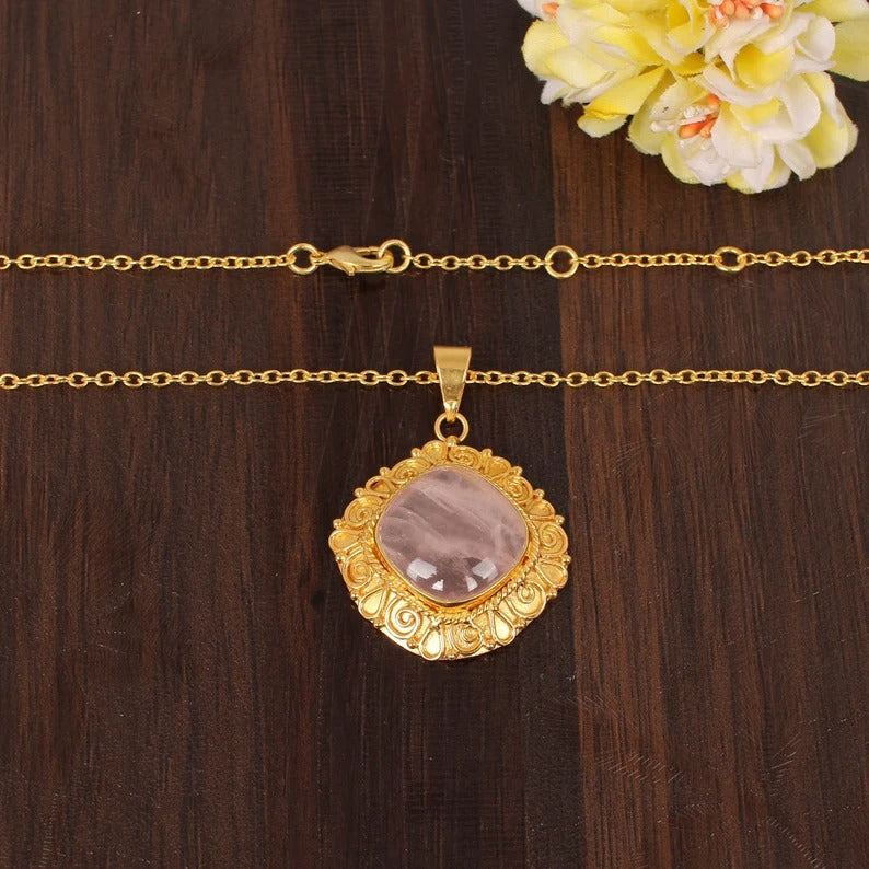 Natural Rose Quartz Gemstone Gold Plated Brass Necklace