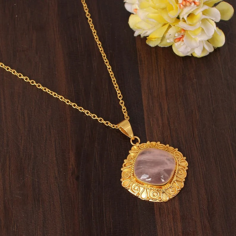 Natural Rose Quartz Gemstone Gold Plated Brass Necklace