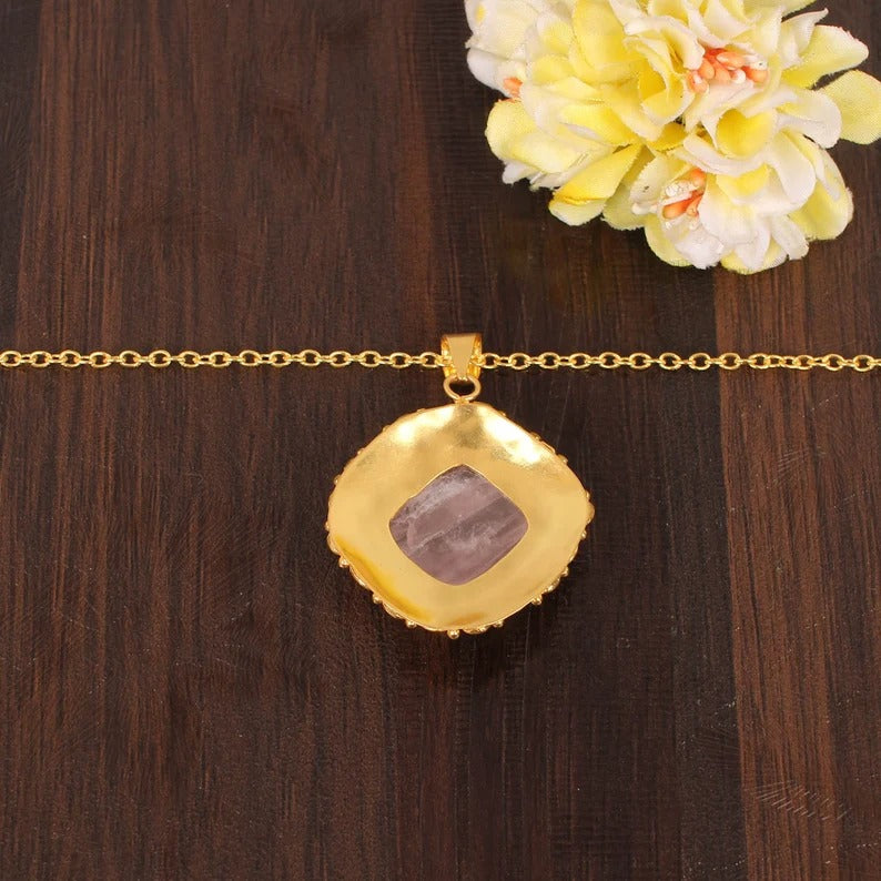 Natural Rose Quartz Gemstone Gold Plated Brass Necklace