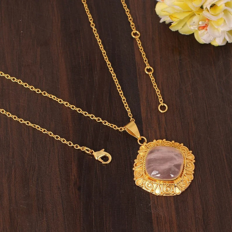 Natural Rose Quartz Gemstone Gold Plated Brass Necklace