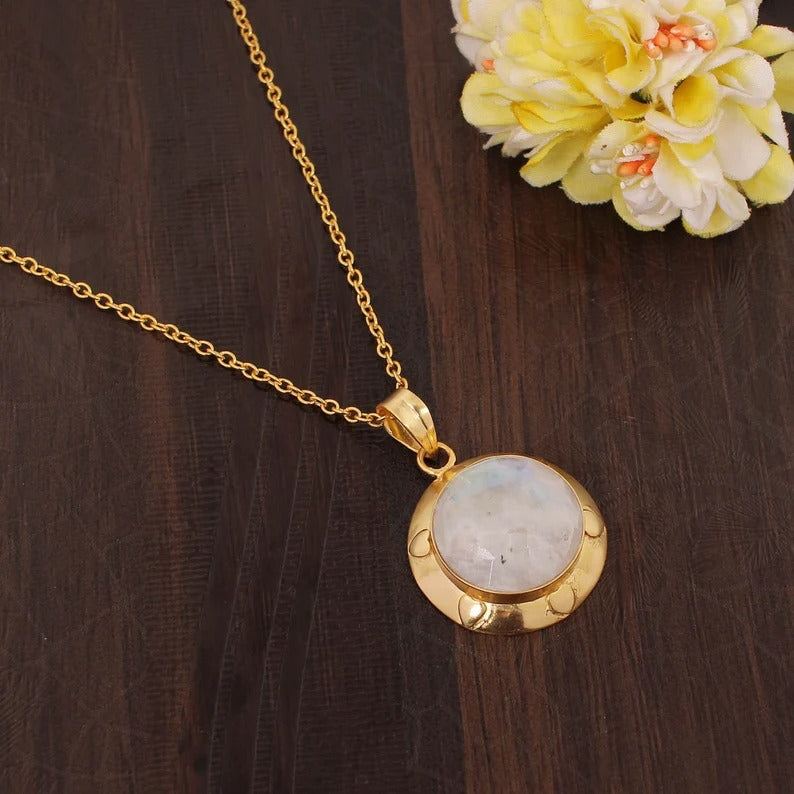 Natural Rainbow Moonstone Gemstone Gold Plated Brass Necklace