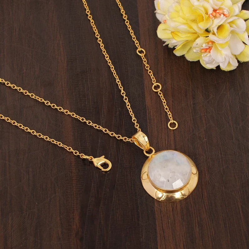 Natural Rainbow Moonstone Gemstone Gold Plated Brass Necklace