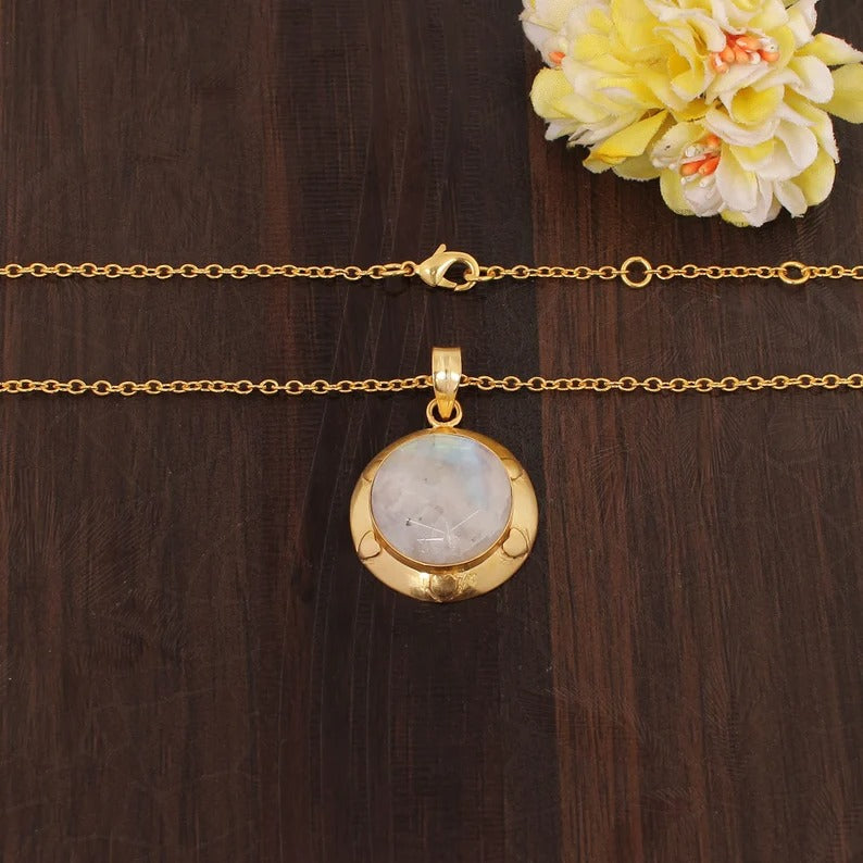 Natural Rainbow Moonstone Gemstone Gold Plated Brass Necklace