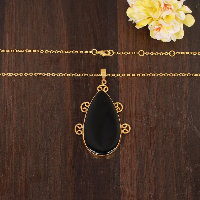 Black Onyx 52x28 MM Pear Cabochon Gemstone Brass Necklace