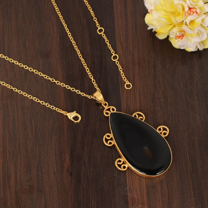 Black Onyx 52x28 MM Pear Cabochon Gemstone Brass Necklace