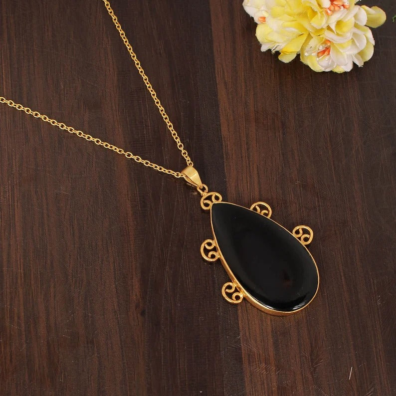 Black Onyx 52x28 MM Pear Cabochon Gemstone Brass Necklace