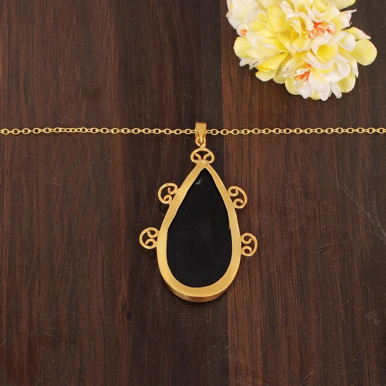 Black Onyx 52x28 MM Pear Cabochon Gemstone Brass Necklace