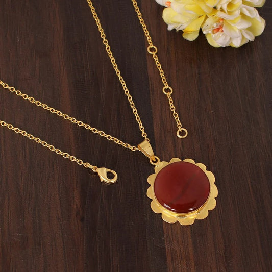 Natural Red Onyx Gemstone Gold Plated Brass Necklace