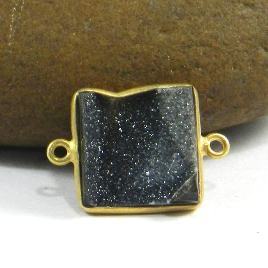 Natural black druzy square flat cab 24 x 11 mm 24 x 16 mm 925 sterling silver gold plated bezel double loop station connector for jewelry