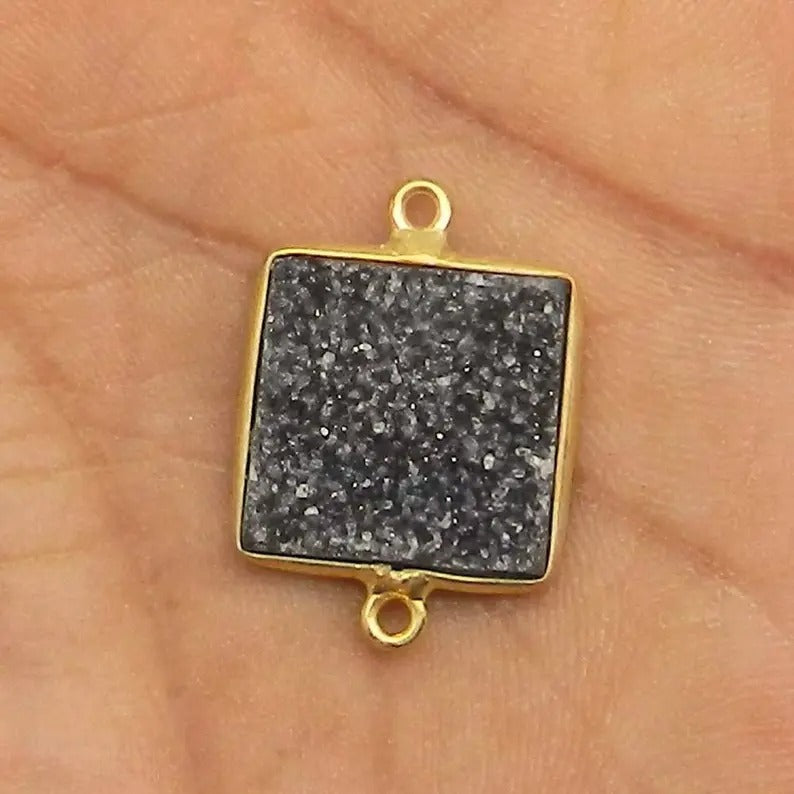 Natural black druzy square flat cab 24 x 11 mm 24 x 16 mm 925 sterling silver gold plated bezel double loop station connector for jewelry