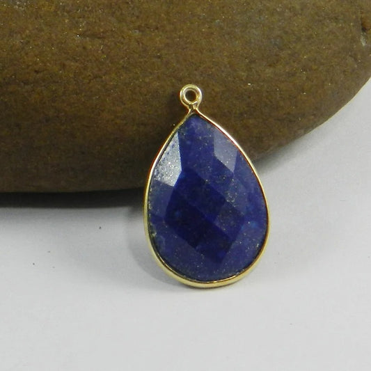 Natural lapis lazuli pear briolette cut 26 x 17 mm 925 sterling silver gold plated single loop bezel set connector for making jewelry