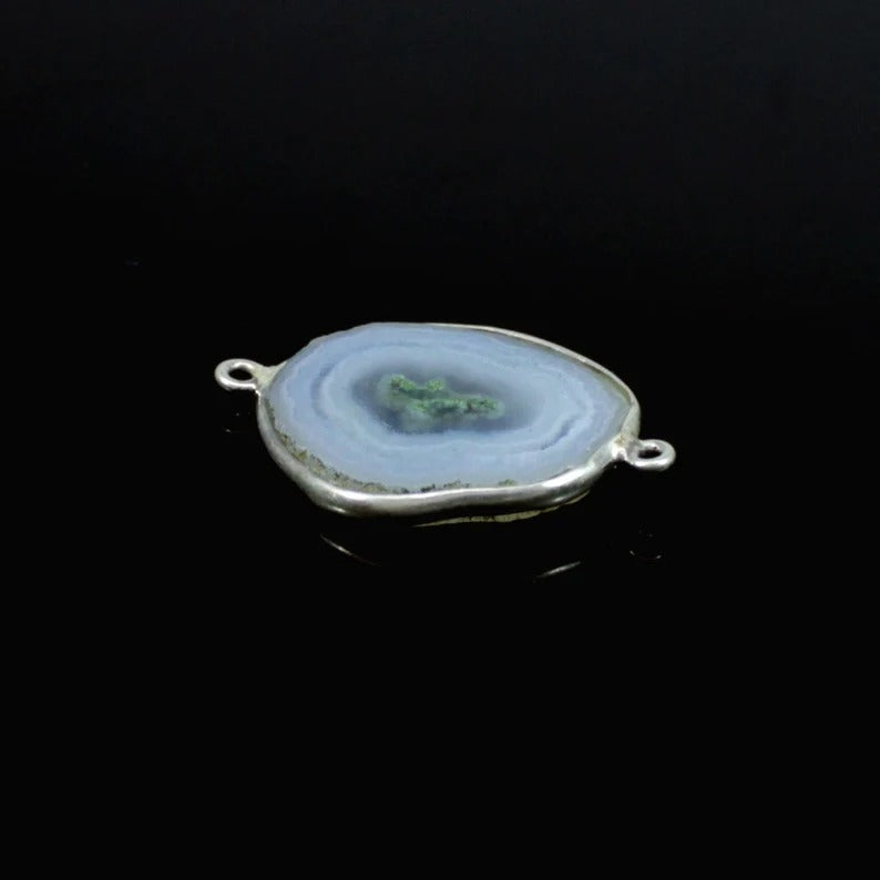 Natural agate slice oval cabochon 28 x 19 mm 925 sterling silver double loop bezel set station connector for jewelry making