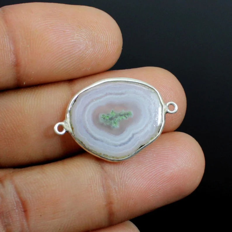 Natural agate slice oval cabochon 28 x 19 mm 925 sterling silver double loop bezel set station connector for jewelry making