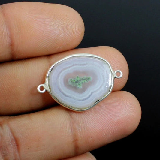 Natural agate slice oval cabochon 28 x 19 mm 925 sterling silver double loop bezel set station connector for jewelry making