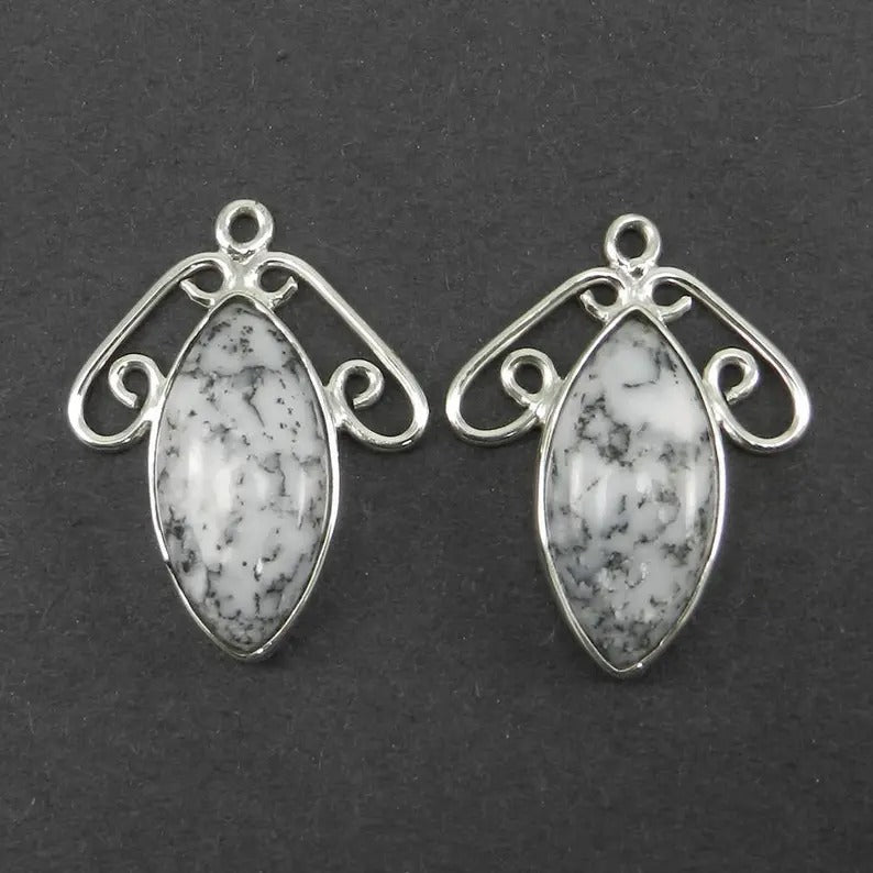 1 pair - Dendritic opal - 27x21mm Marquise cabochon - 6.0 gms - gemstone Single loop - 925 Sterling Silver - Designer Connector - SHST1405