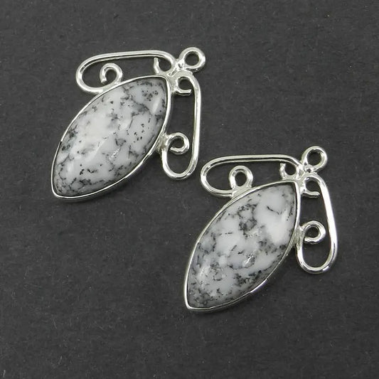 1 pair - Dendritic opal - 27x21mm Marquise cabochon - 6.0 gms - gemstone Single loop - 925 Sterling Silver - Designer Connector - SHST1405